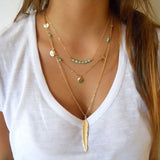 turquoise gem Beads and delicate feather- 3 Layer Necklace!