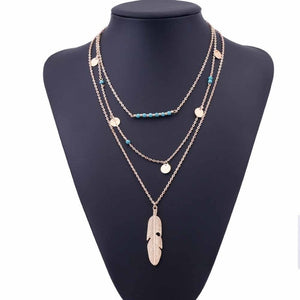 turquoise gem Beads and delicate feather- 3 Layer Necklace!