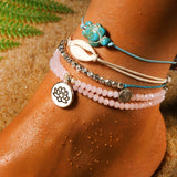 Natural Cowrie Shell Anklet Set; Beaded Lotus And Turtle